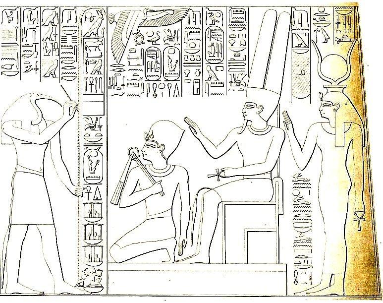 König Sethos I. wird von dem Gott Amon gekrönt und mit dem Lebenszeichen gesegnet