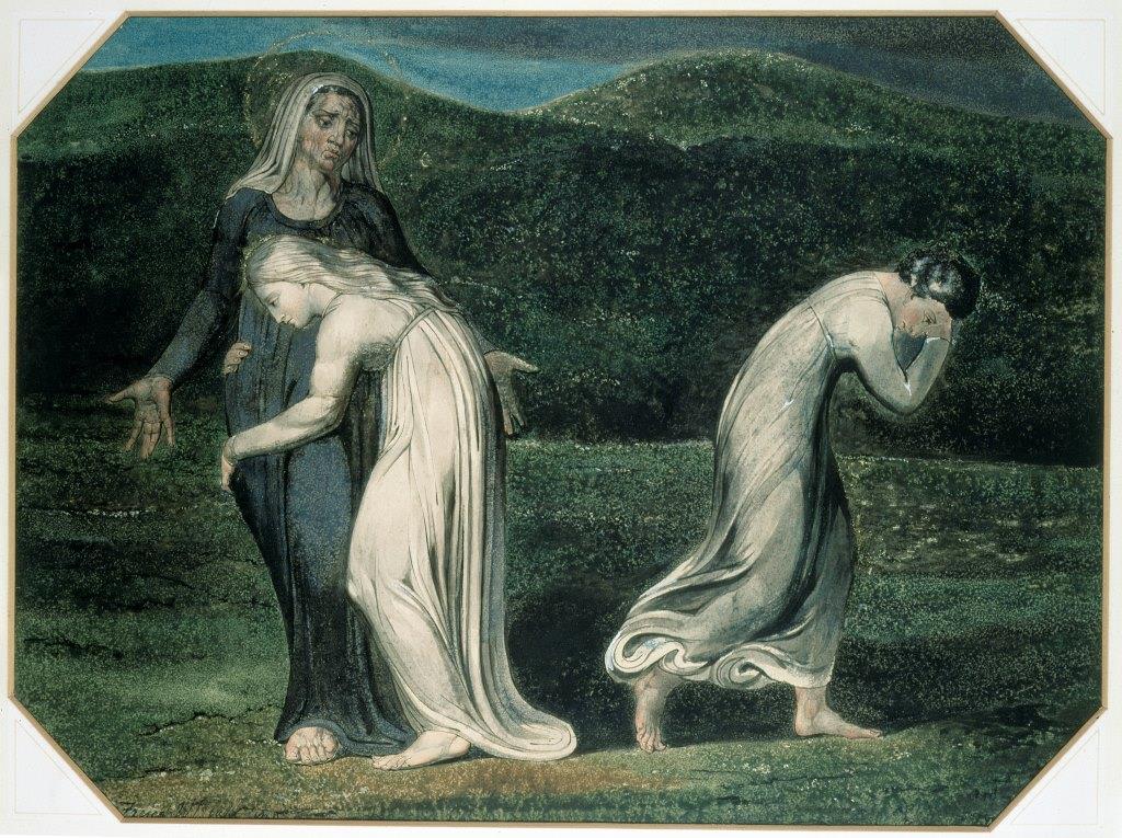 Naomi bedrängt Rut und Orpa in das Land der Moabiter zurückzukehren (William Blake, 1795)